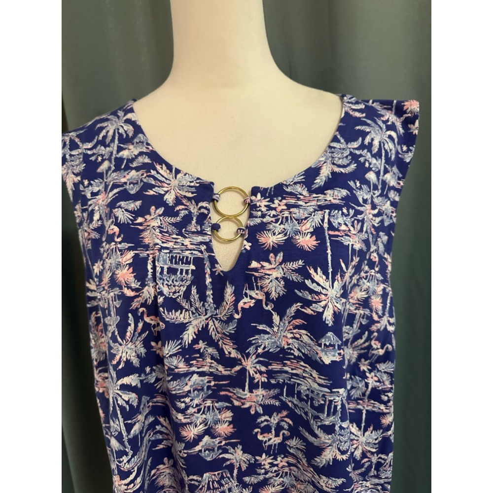 Coral Bay Navy Blue Tropical Print Sleeveless Top with Ring Detail Sz 3X - Picture 2 of 6
